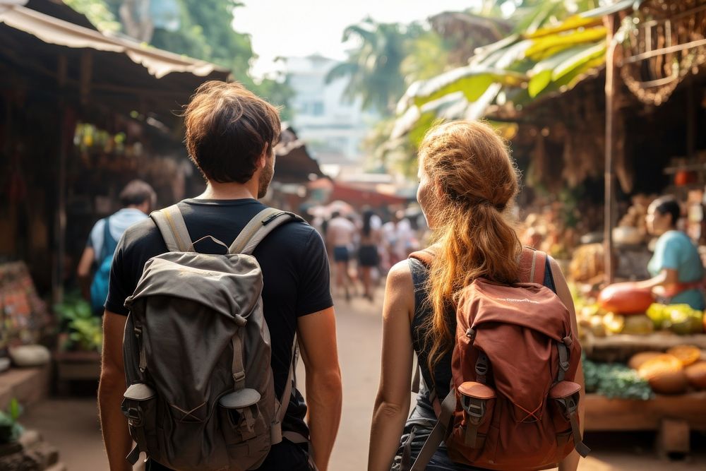 Backpack market adult togetherness. 