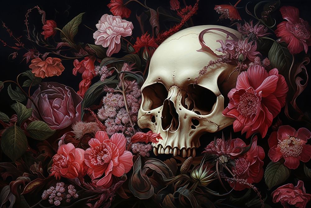 Aesthetic skull buried in flowers
