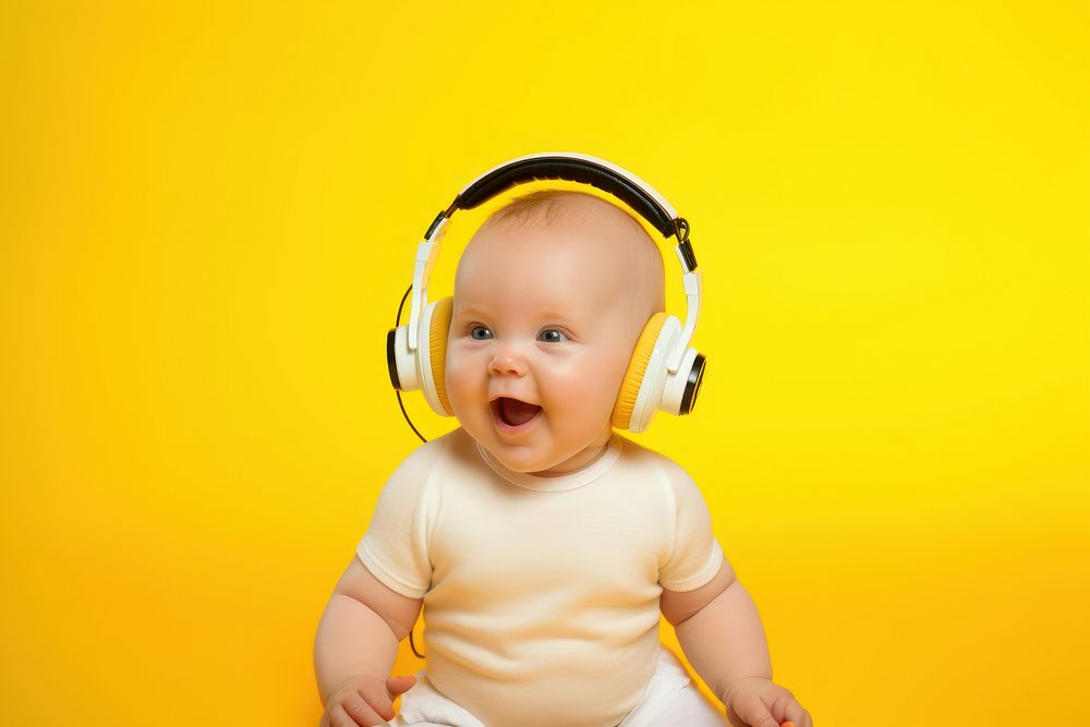 Headphones baby yellow yellow background. AI generated Image by rawpixel.