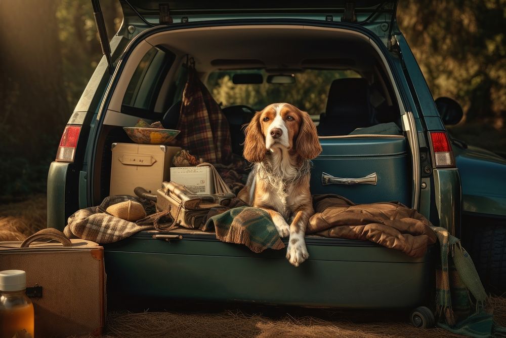 Dog car vehicle animal. 