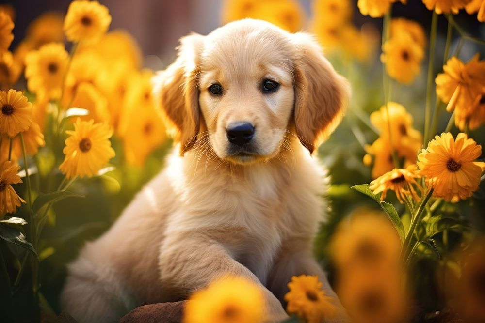 Puppy animal mammal flower. AI generated Image by rawpixel.