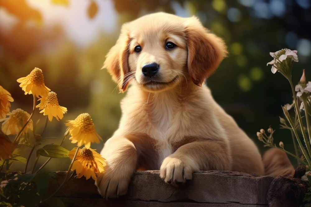 Puppy animal mammal flower. AI generated Image by rawpixel.