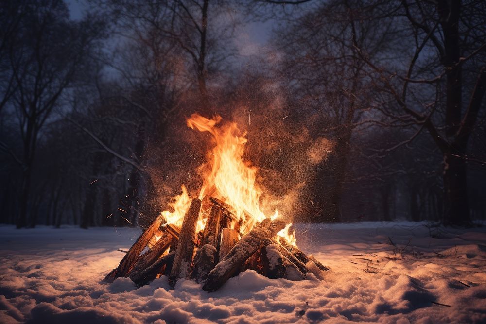 Bonfire winter snow tranquility. AI generated Image by rawpixel.