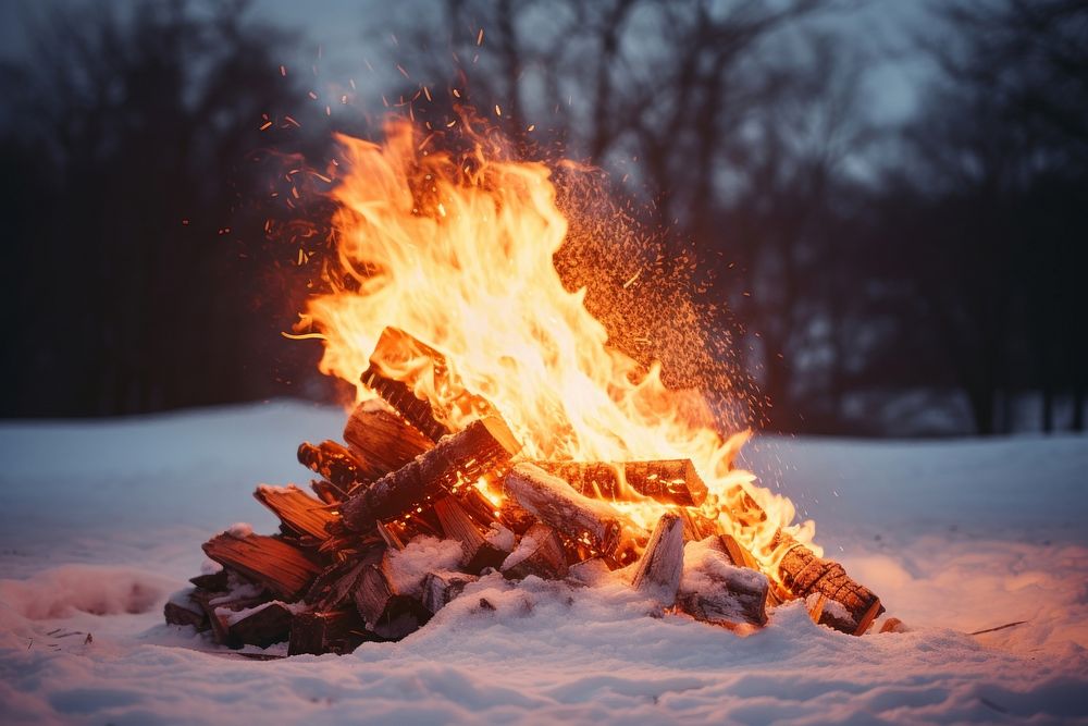 Bonfire winter snow fireplace. AI generated Image by rawpixel.