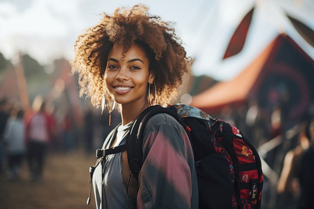 Festival backpack adult smile. AI generated Image by rawpixel.