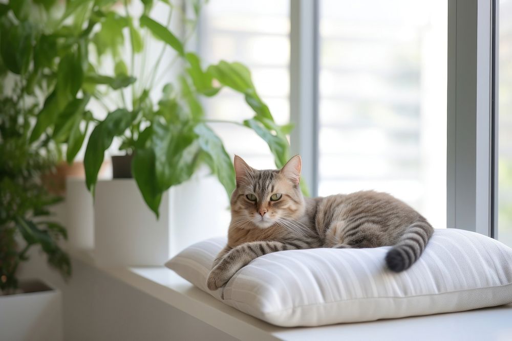 Windowsill cushion animal mammal. AI generated Image by rawpixel.