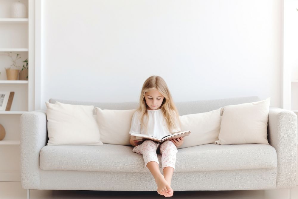 Sitting furniture reading child. AI generated Image by rawpixel.