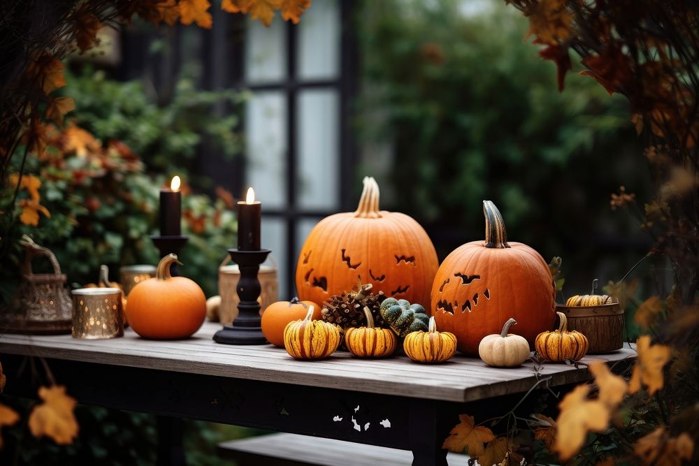Halloween pumpkin candle table. AI generated Image by rawpixel.