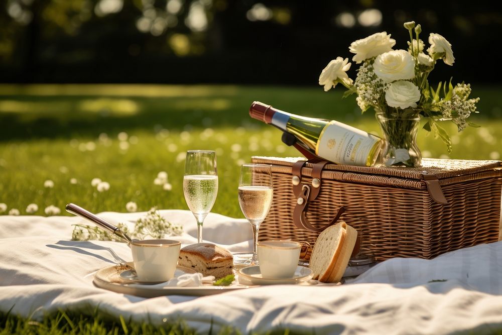 Picnic champagne basket summer. AI generated Image by rawpixel.