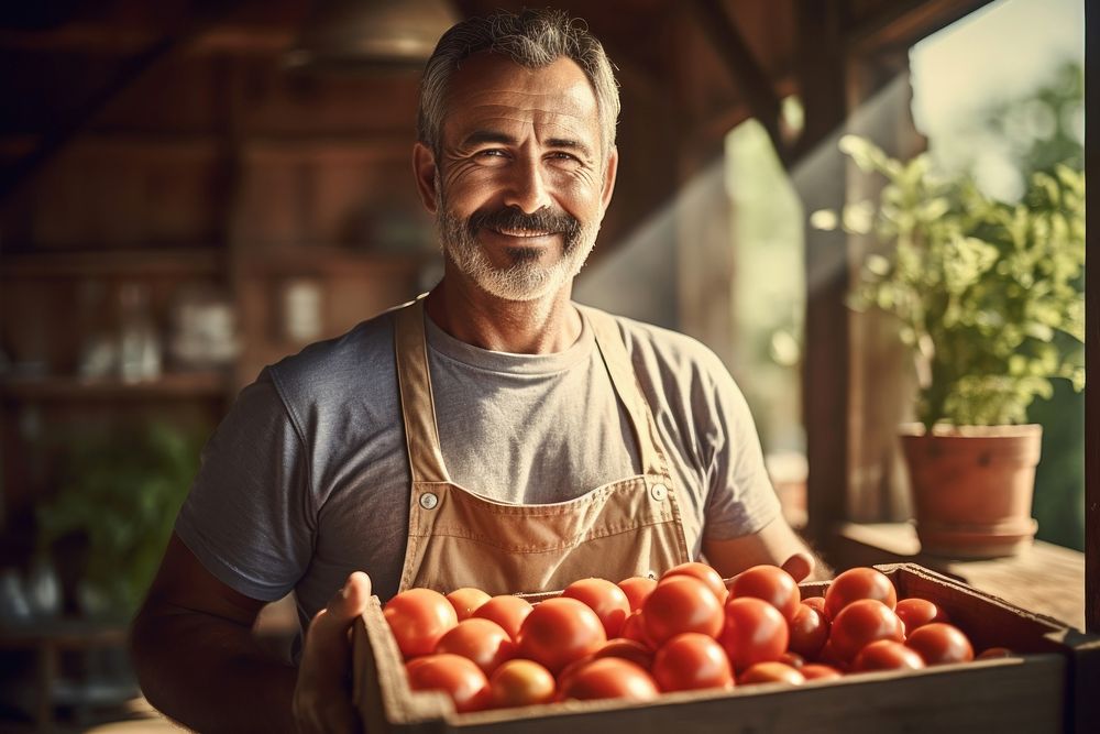 Portrait organic holding tomato. 