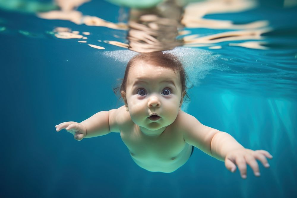 Baby underwater swimming portrait. AI generated Image by rawpixel.