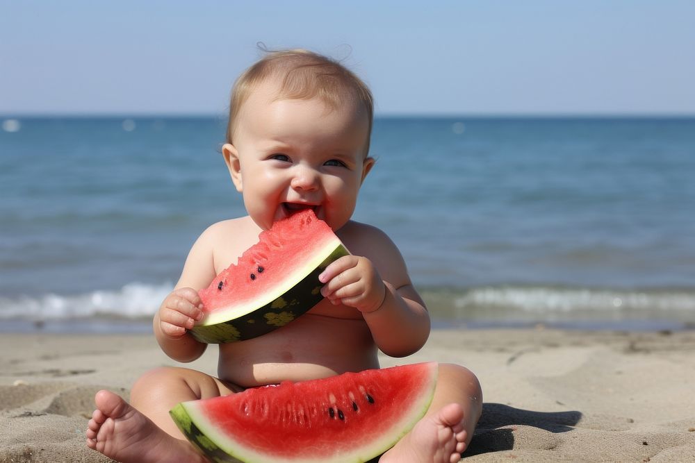 Beach baby watermelon portrait. AI generated Image by rawpixel.