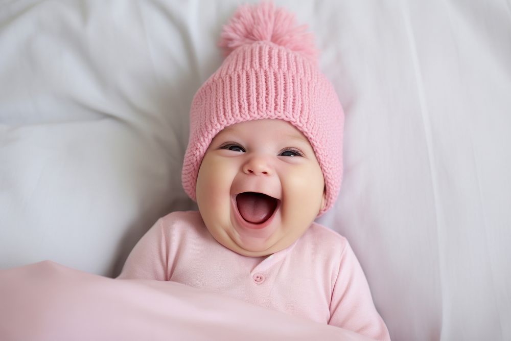 Baby laughing pink bed. AI generated Image by rawpixel.