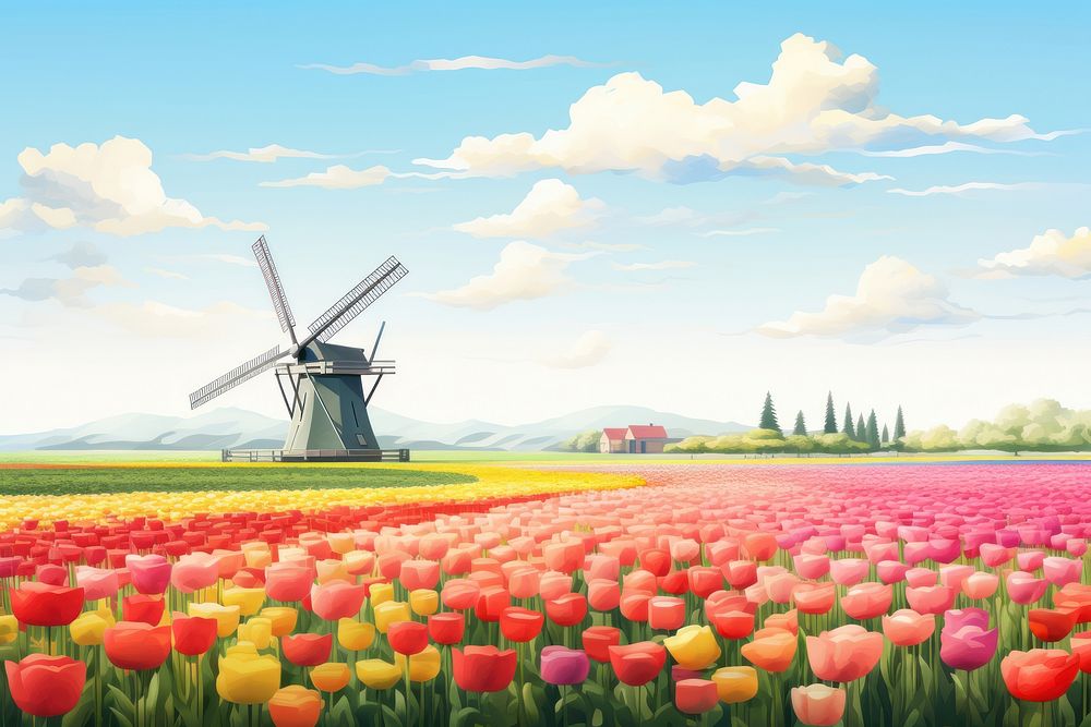 Windmill landscape outdoors flower. AI generated Image by rawpixel.