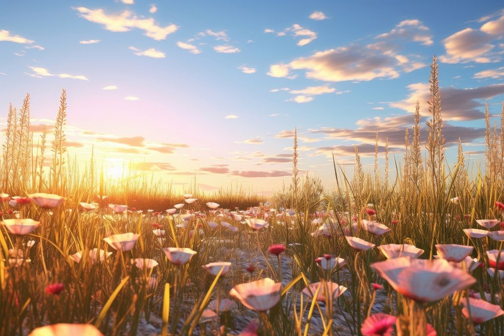 Landscape flower field sun. AI generated Image by rawpixel.