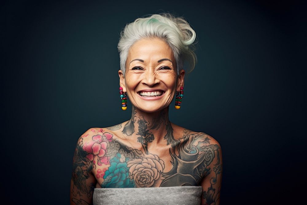 Tattoo portrait laughing smiling. AI generated Image by rawpixel.