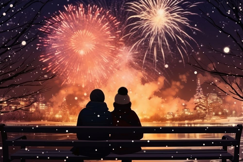 Fireworks night outdoors bench. AI generated Image by rawpixel.
