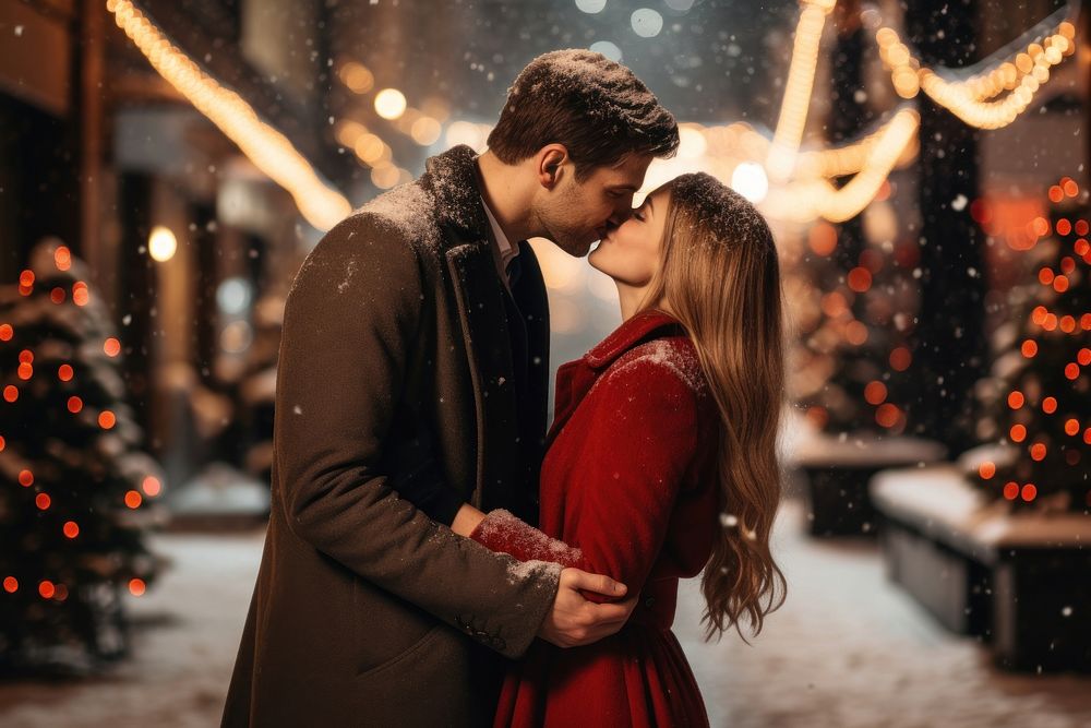 Christmas kissing adult snow. AI generated Image by rawpixel.