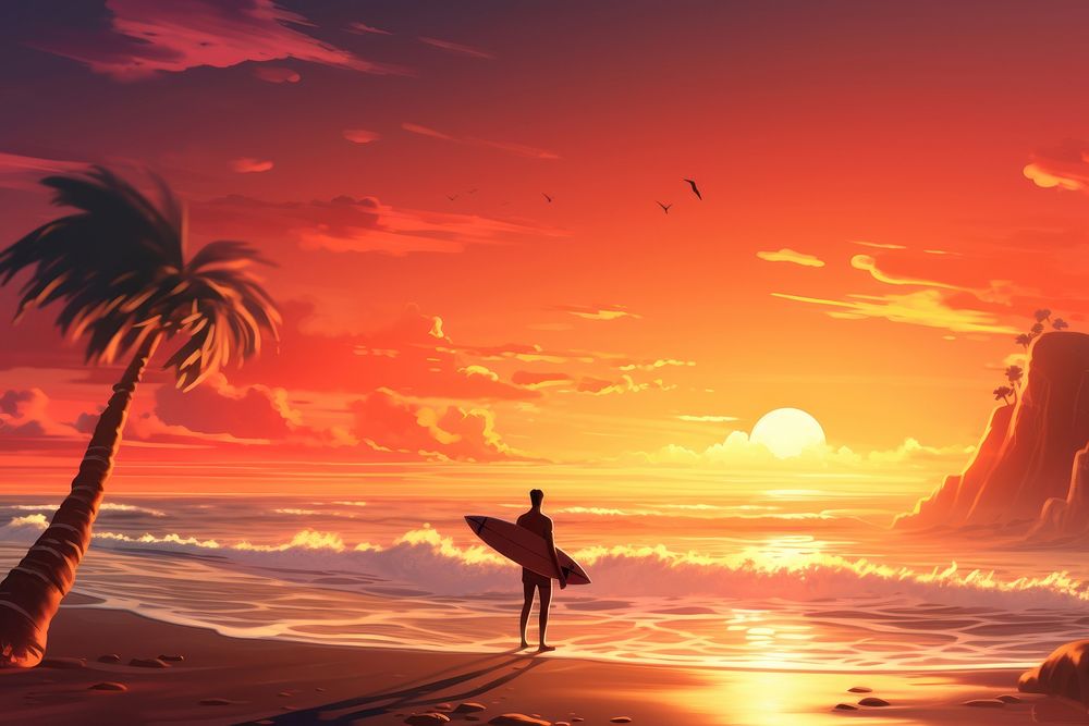 Surfing sunset outdoors horizon. AI generated Image by rawpixel.