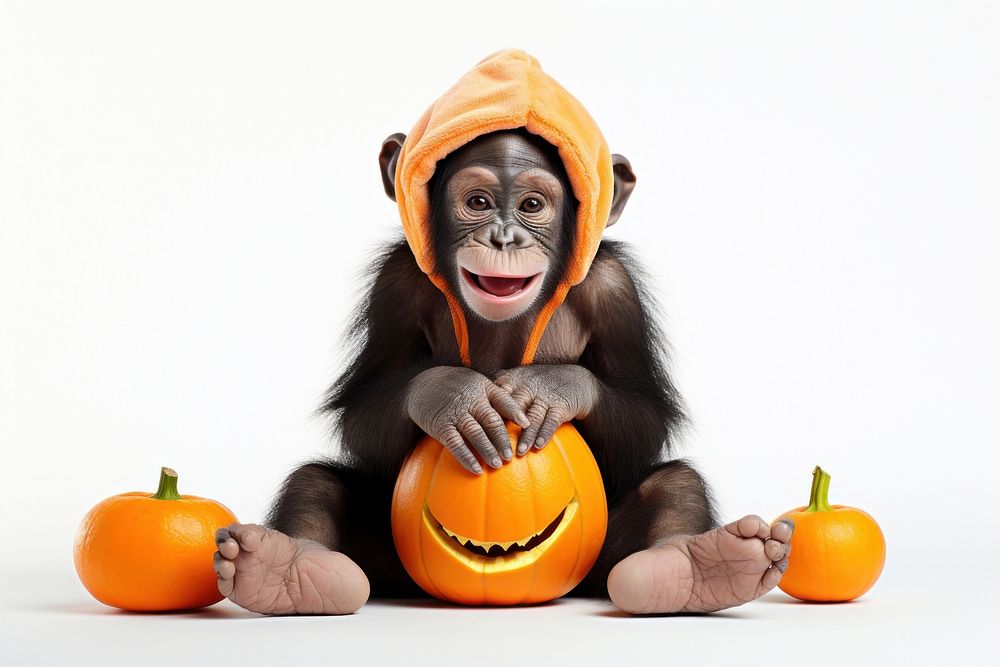 Chimpanzee portrait pumpkin monkey. AI generated Image by rawpixel.
