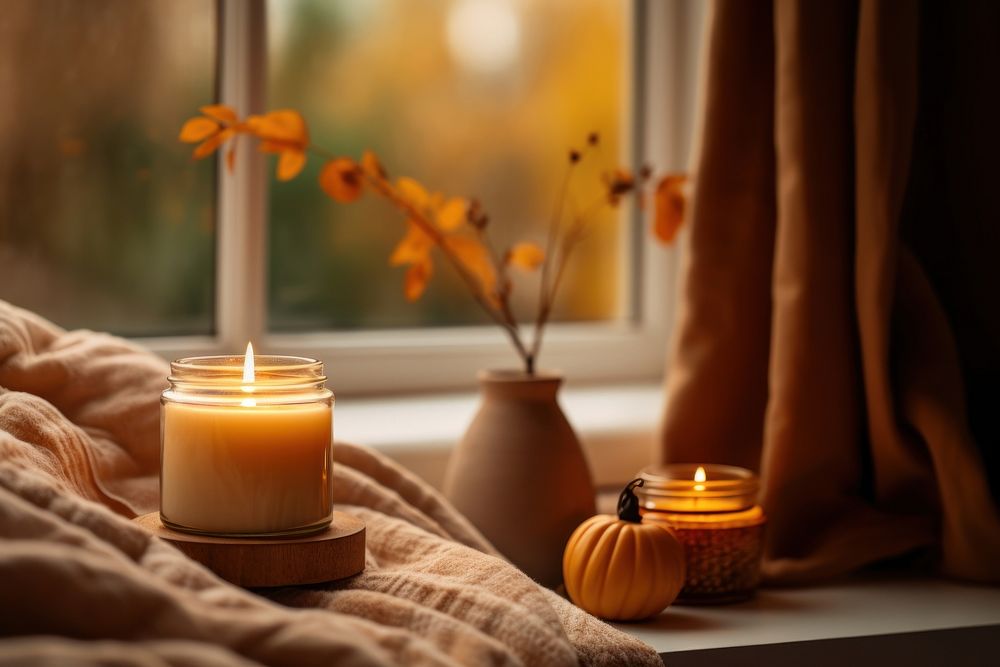 Candle window autumn illuminated. 