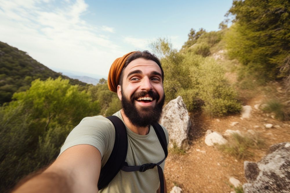 Selfie smile adventure outdoors. 