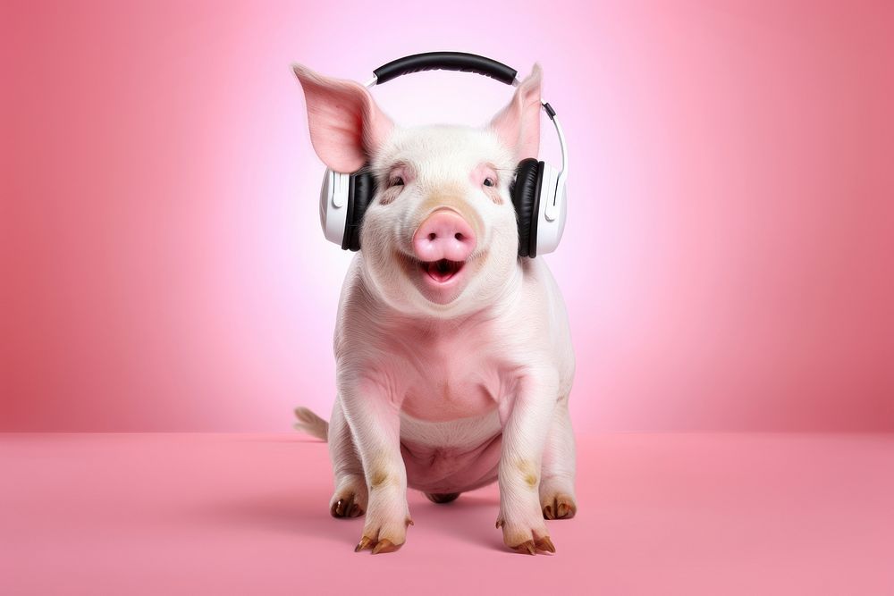 Pig headphones mammal performance. 