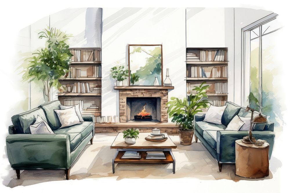 Room architecture furniture fireplace. AI generated Image by rawpixel.