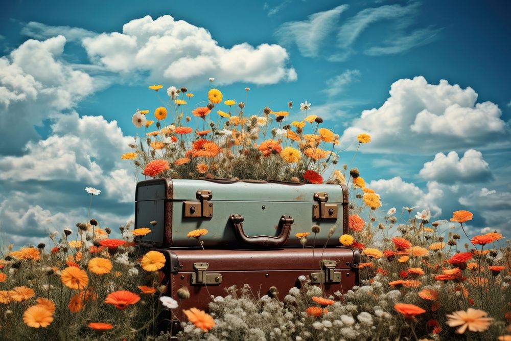 Outdoors suitcase flower nature. AI generated Image by rawpixel.