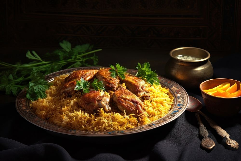 Kabsa plate food meat. AI generated Image by rawpixel.