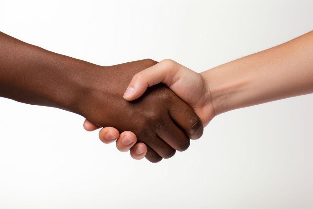 Hand handshake white background two people. 