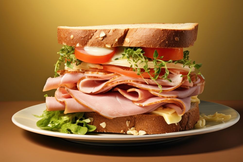 Sandwich plate ham lunch. AI generated Image by rawpixel.
