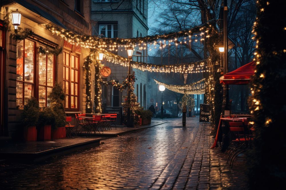 Street architecture cobblestone christmas. AI generated Image by rawpixel.