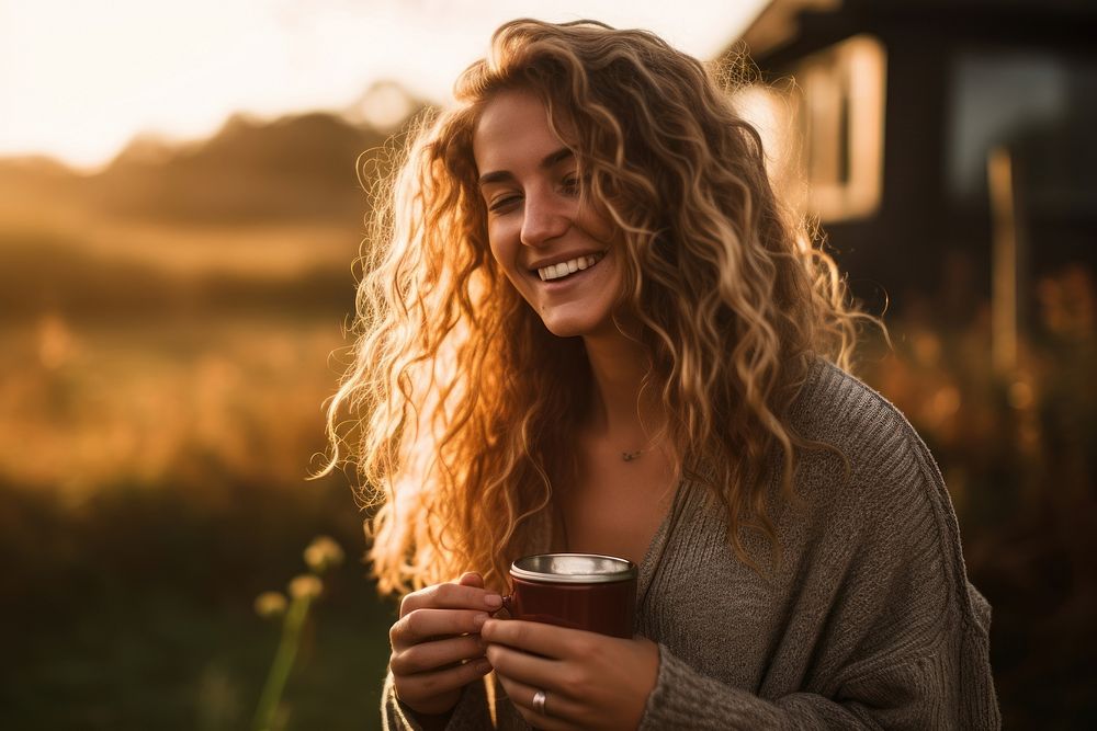 Coffee drinking laughing smile. 