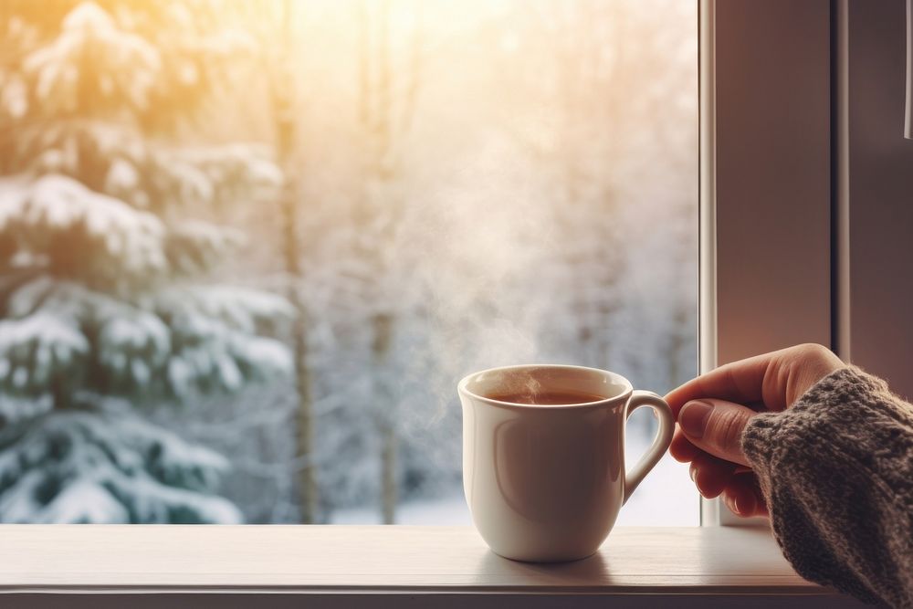 Window coffee cup windowsill. 