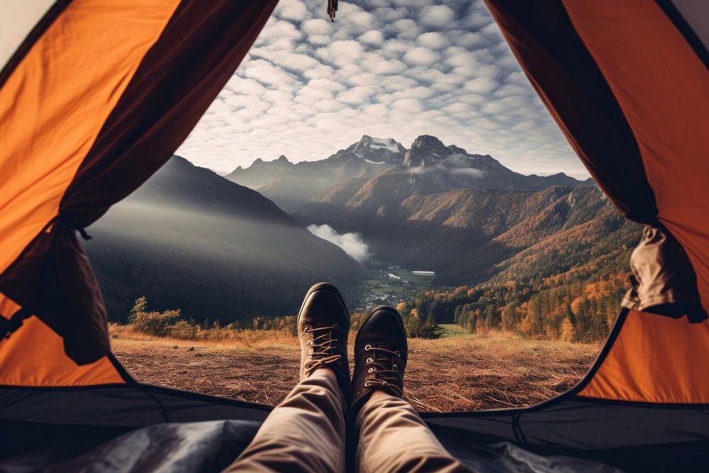 Mountain tent landscape outdoors. 