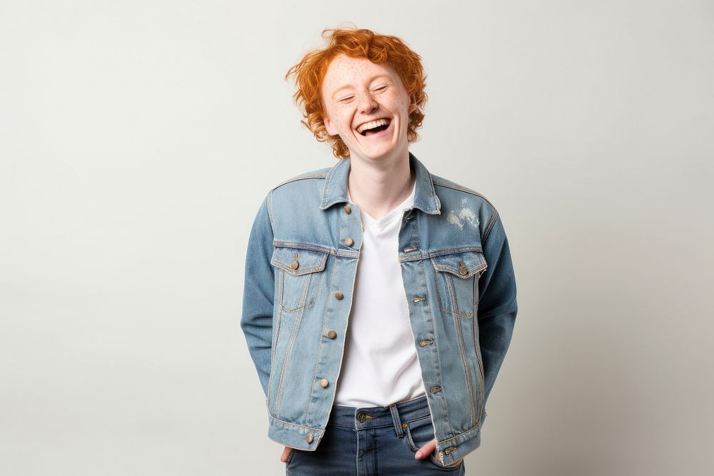 Jacket laughing smiling freckle. AI generated Image by rawpixel.
