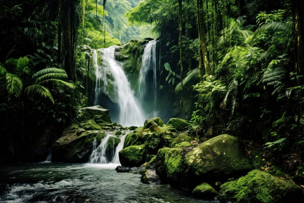 Waterfall vegetation rainforest outdoors. AI generated Image by rawpixel.
