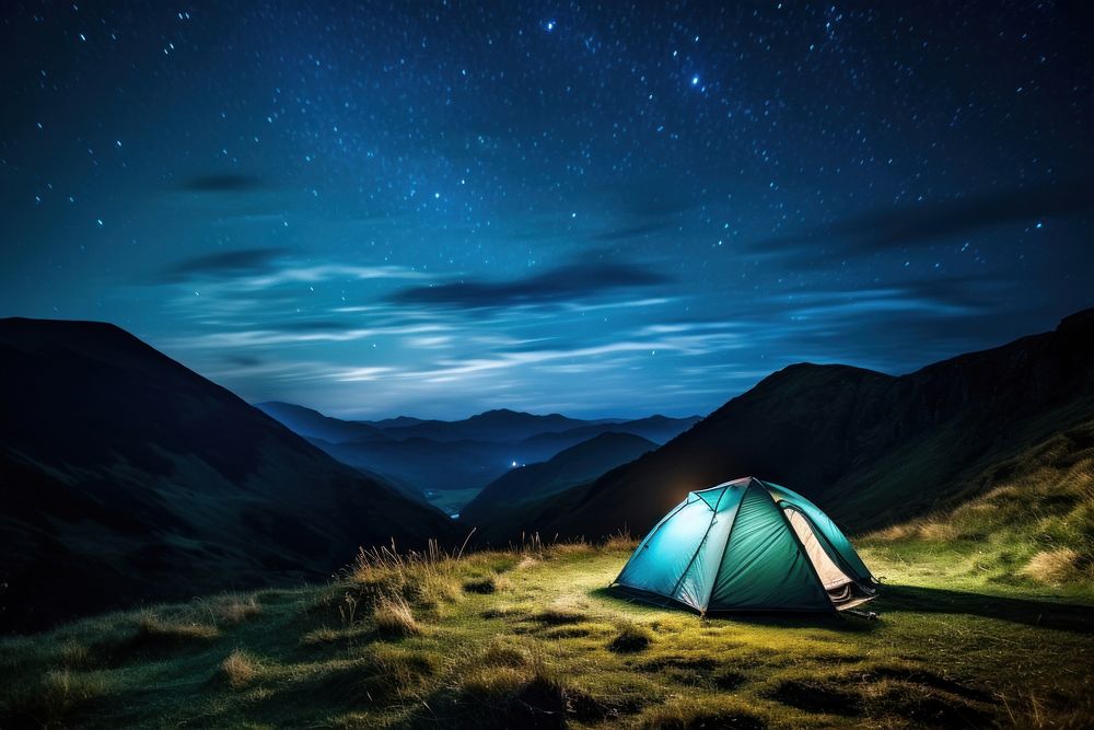 Night tent outdoors camping. 