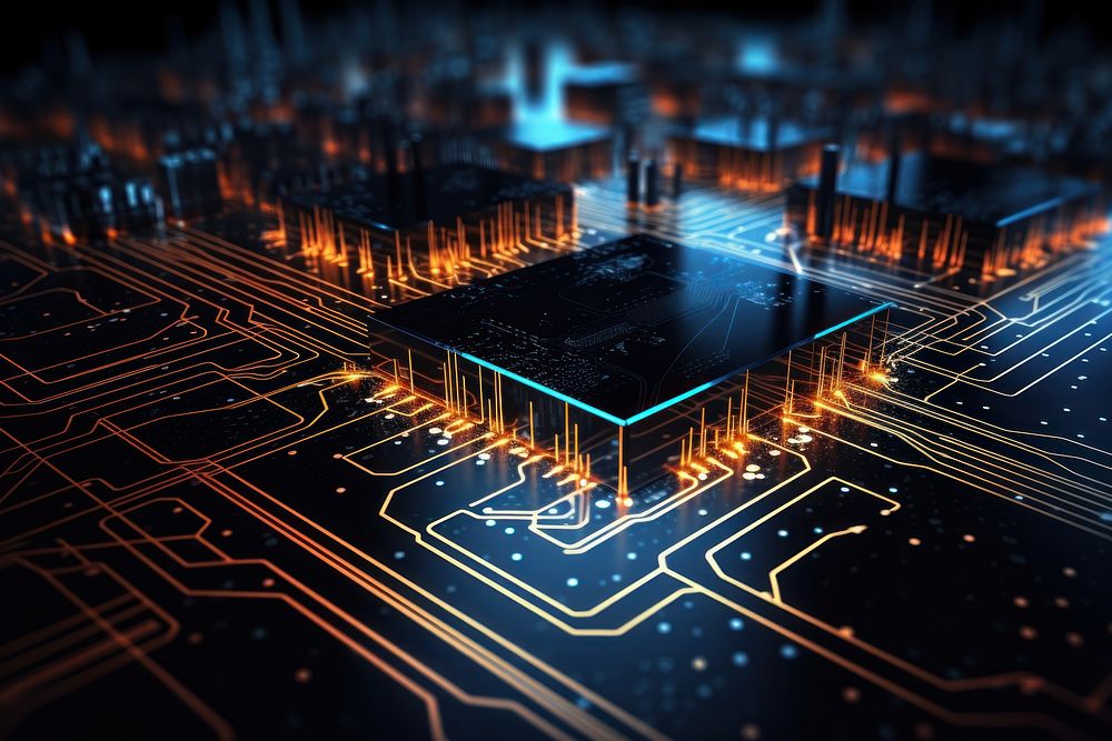 Glowing circuit board architecture illuminated.