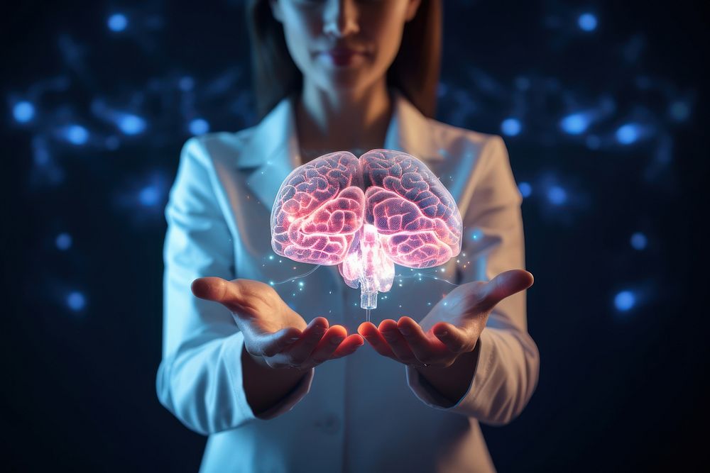 Female adult brain illuminated. AI generated Image by rawpixel.