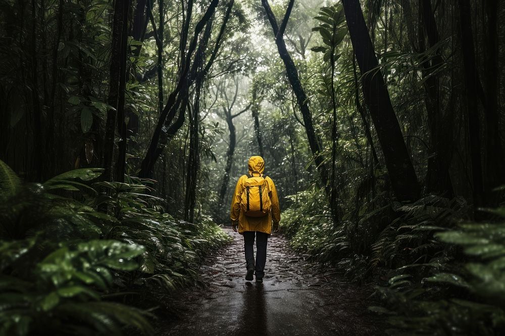 Raincoat walking forest yellow. AI generated Image by rawpixel.