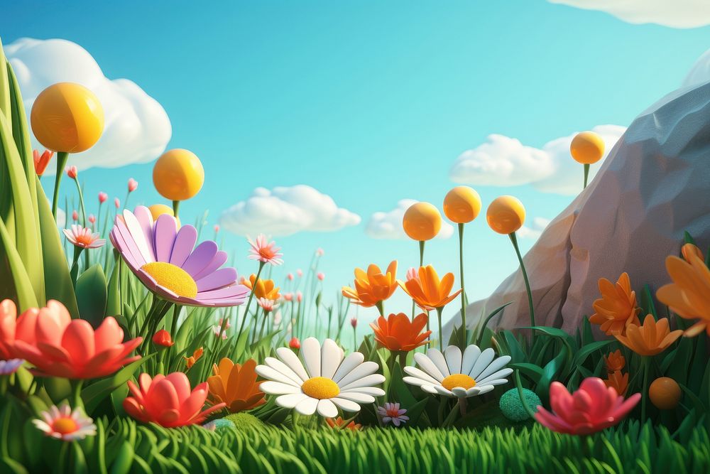 Spring flowers landscape grassland outdoors. AI generated Image by rawpixel.