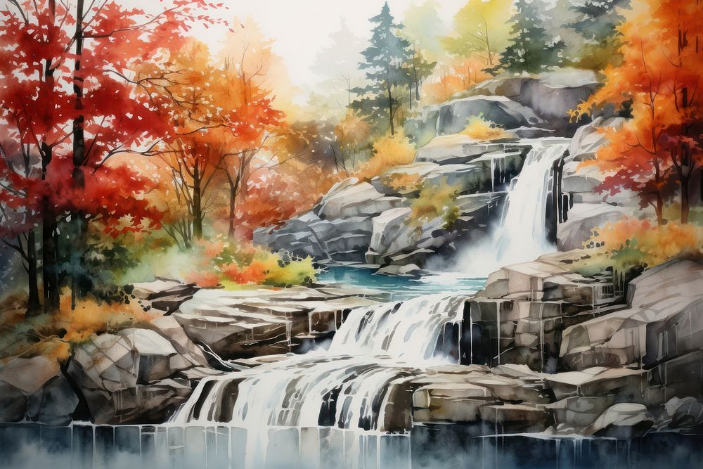 Waterfall landscape outdoors painting. AI generated Image by rawpixel.
