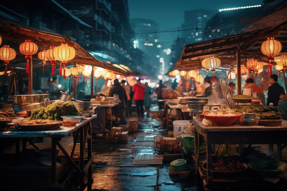 Market bazaar night city. AI generated Image by rawpixel.