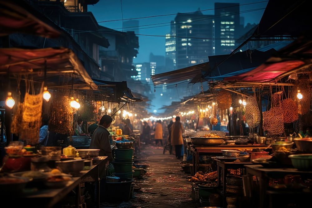 Market bazaar night city. AI generated Image by rawpixel.