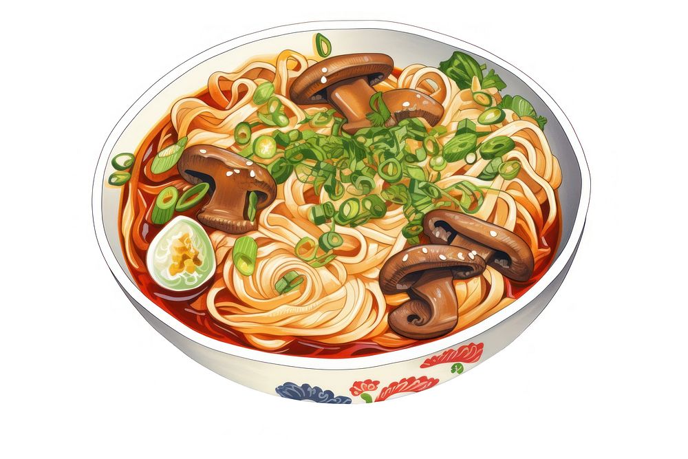 Noodle soup plate food, digital paint illustration. AI generated image