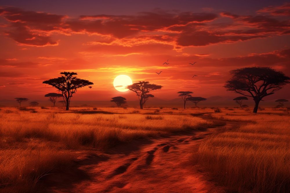 Savanna sunset landscape grassland. AI generated Image by rawpixel.