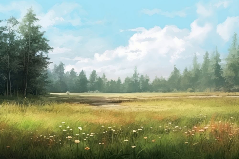 Landscape meadow grassland outdoors, digital paint illustration. AI generated image