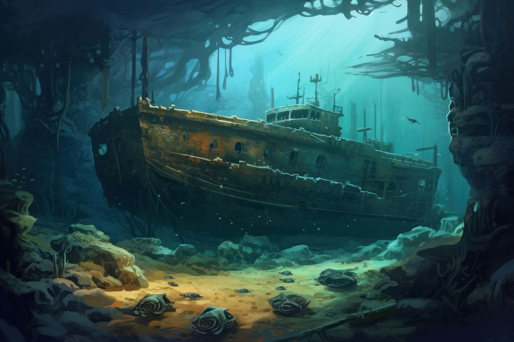 Shipwreck sea outdoors vehicle, digital paint illustration. AI generated image